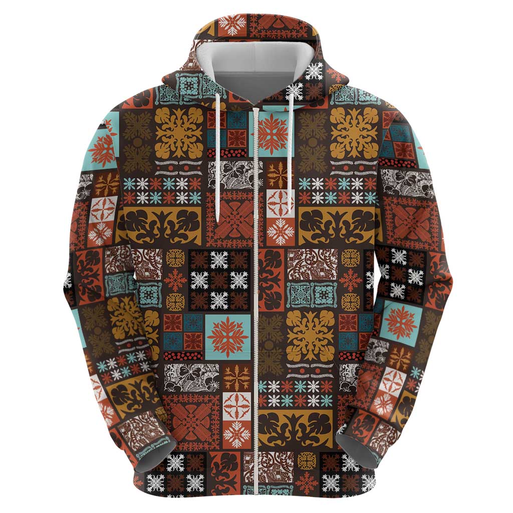 Vintage Hawaiian Quilting Patterns Zip Hoodie Brown Style Tribal Fabric Patchwork LT9 - Polynesian Pride