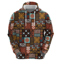 Vintage Hawaiian Quilting Patterns Zip Hoodie Brown Style Tribal Fabric Patchwork LT9 - Polynesian Pride