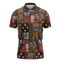 Vintage Hawaiian Quilting Patterns Zipper Polo Shirt Brown Style Tribal Fabric Patchwork - Polynesian Pride