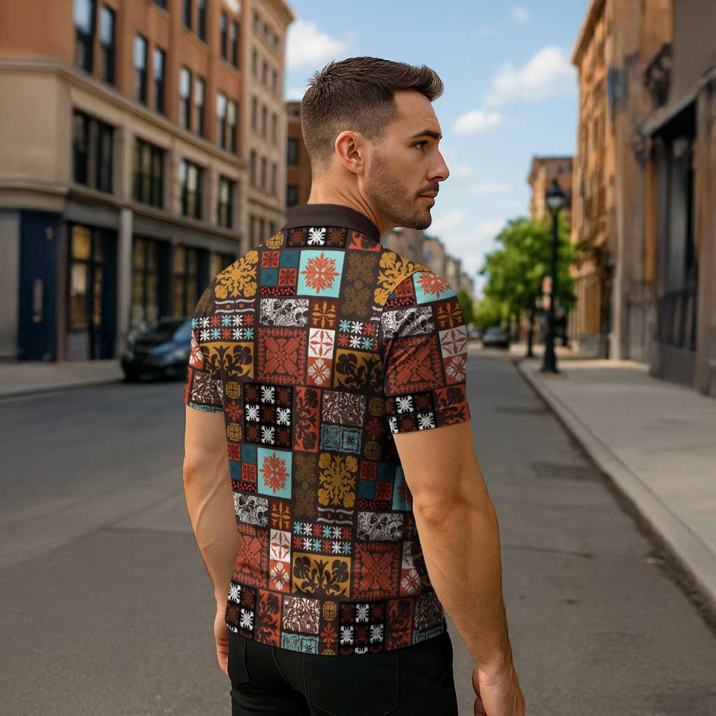 Vintage Hawaiian Quilting Patterns Zipper Polo Shirt Brown Style Tribal Fabric Patchwork - Polynesian Pride