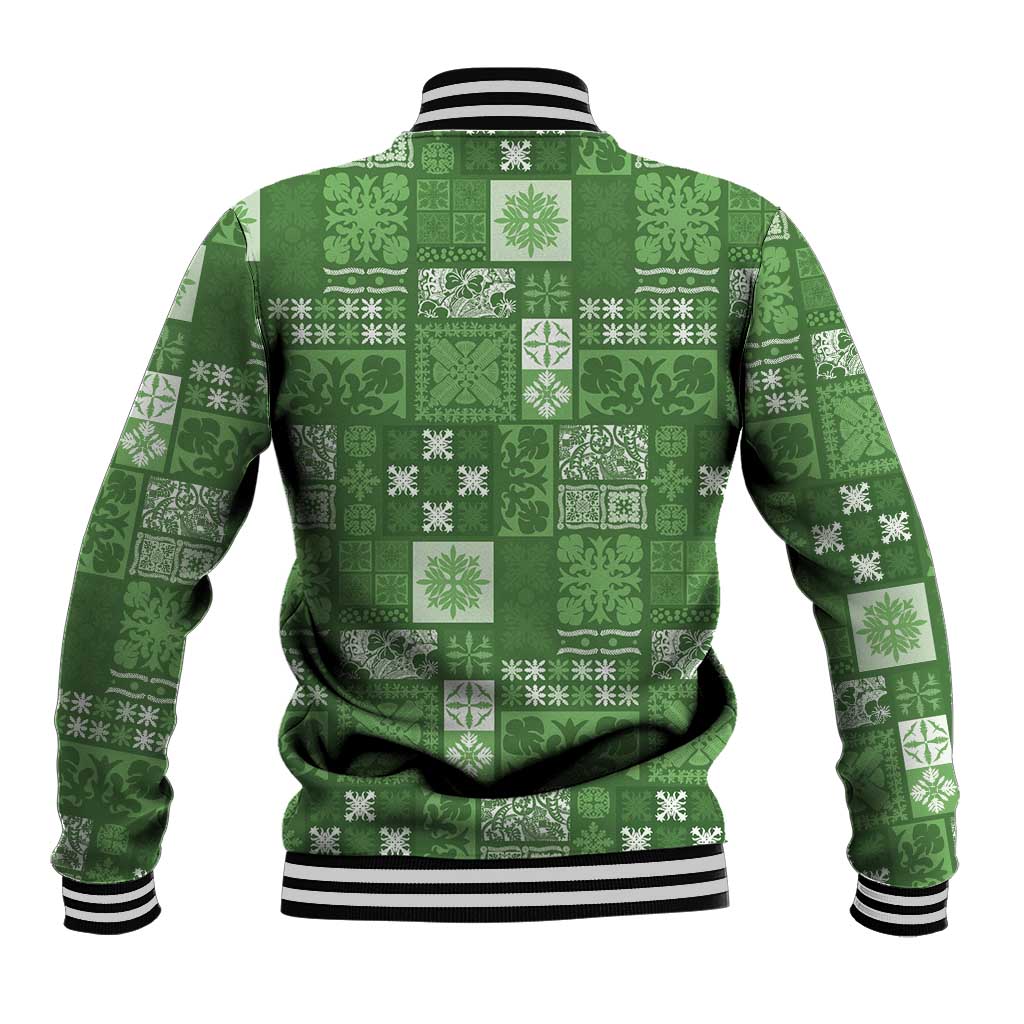 Vintage Hawaiian Quilting Patterns Baseball Jacket Green Style Tribal Fabric Patchwork - Polynesian Pride