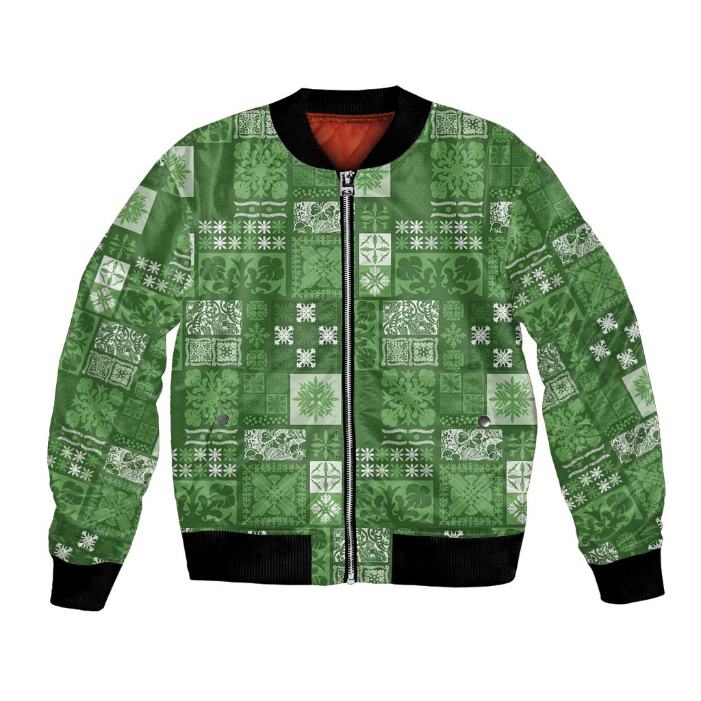 Vintage Hawaiian Quilting Patterns Bomber Jacket Green Style Tribal Fabric Patchwork - Polynesian Pride