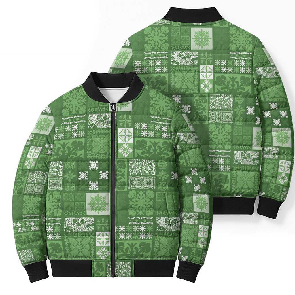 Vintage Hawaiian Quilting Patterns Bomber Puffer Jacket Green Style Tribal Fabric Patchwork - Polynesian Pride