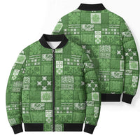 Vintage Hawaiian Quilting Patterns Bomber Puffer Jacket Green Style Tribal Fabric Patchwork - Polynesian Pride