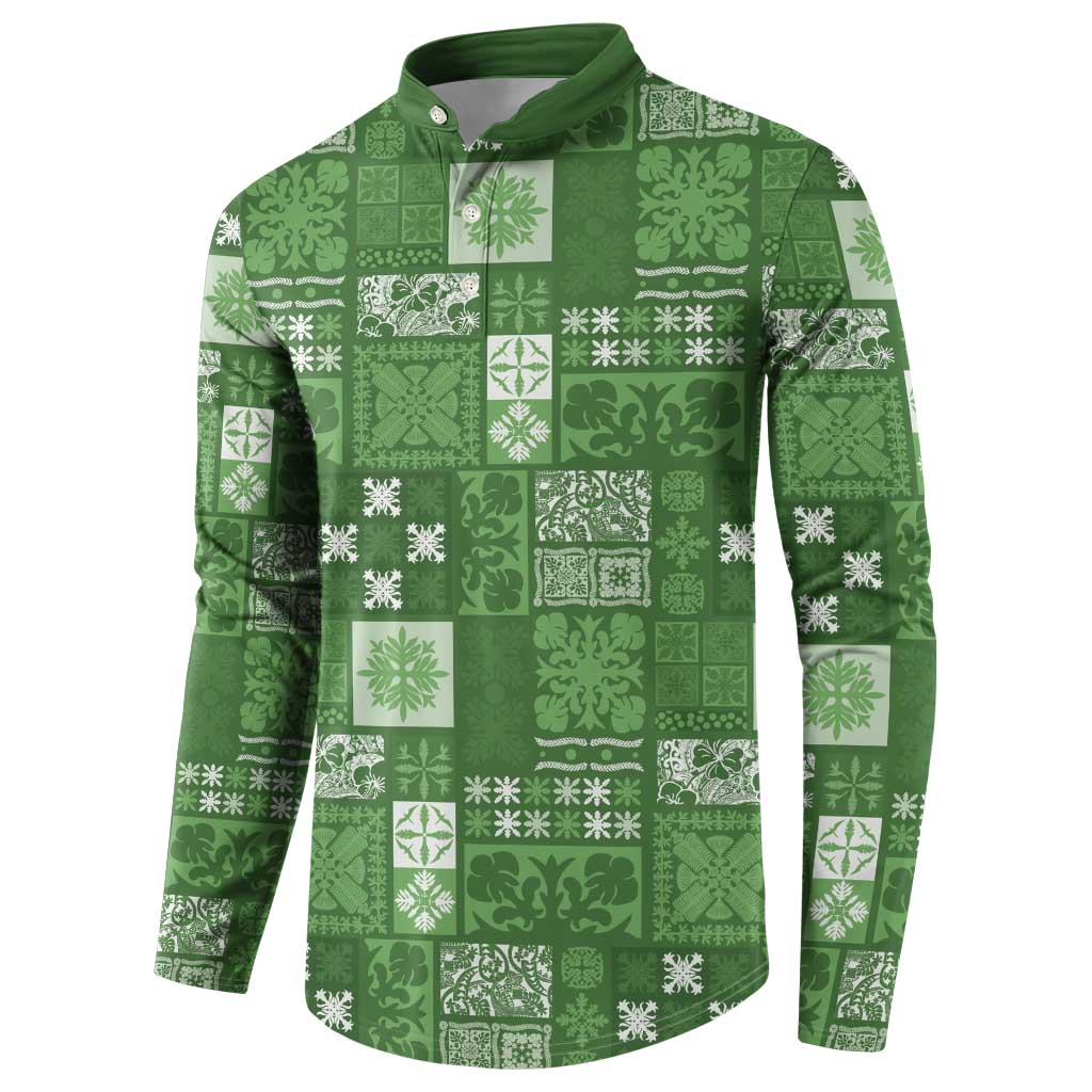 Vintage Hawaiian Quilting Patterns Button Sweatshirt Green Style Tribal Fabric Patchwork - Polynesian Pride