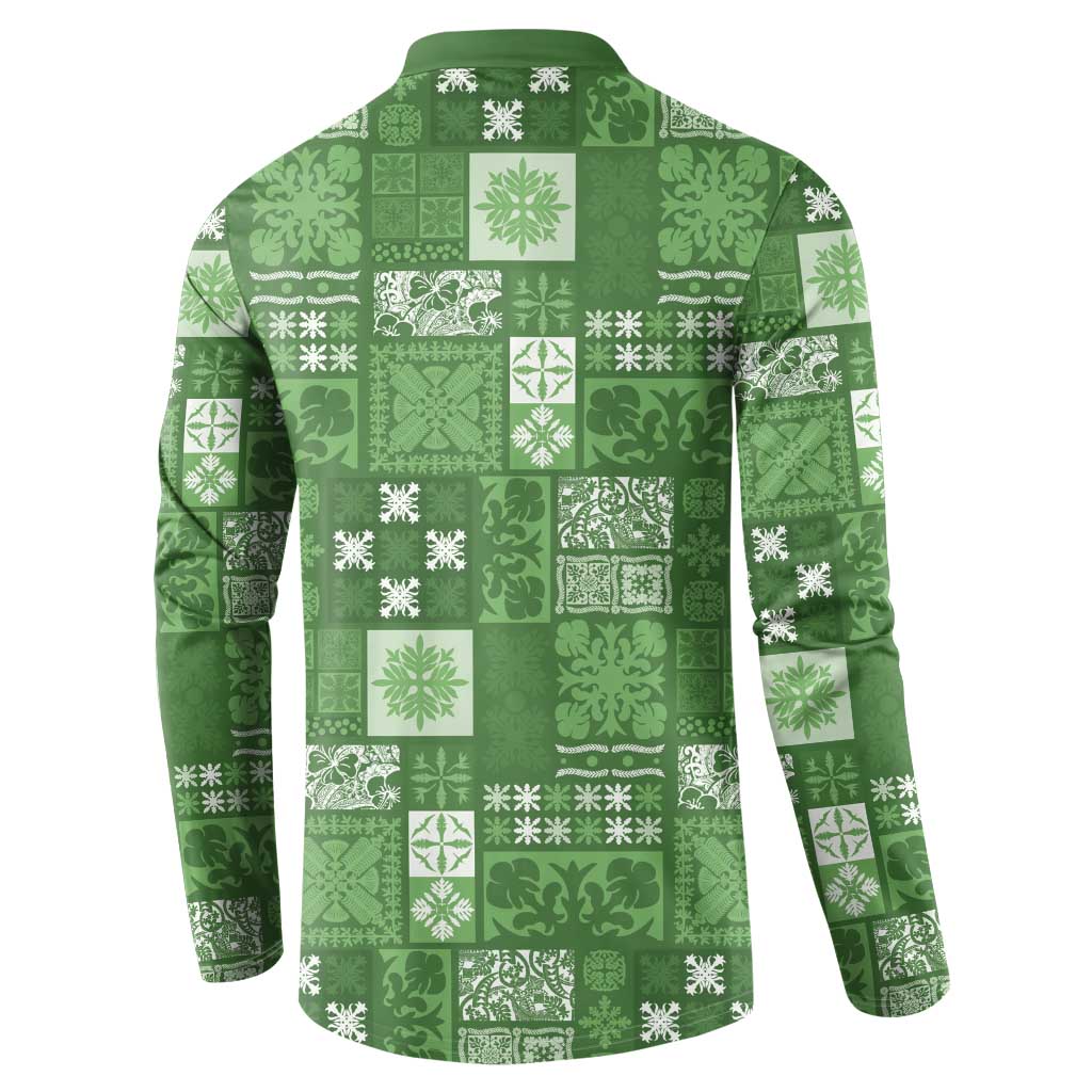 Vintage Hawaiian Quilting Patterns Button Sweatshirt Green Style Tribal Fabric Patchwork - Polynesian Pride