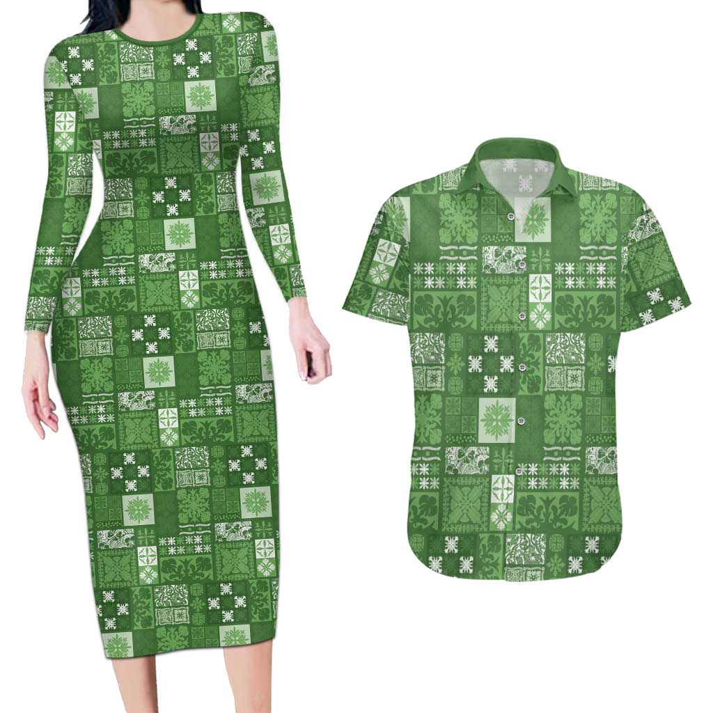 Vintage Hawaiian Quilting Patterns Couples Matching Long Sleeve Bodycon Dress and Hawaiian Shirt Green Style Tribal Fabric Patchwork LT9 Green - Polynesian Pride