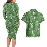 Vintage Hawaiian Quilting Patterns Couples Matching Long Sleeve Bodycon Dress and Hawaiian Shirt Green Style Tribal Fabric Patchwork LT9 - Polynesian Pride