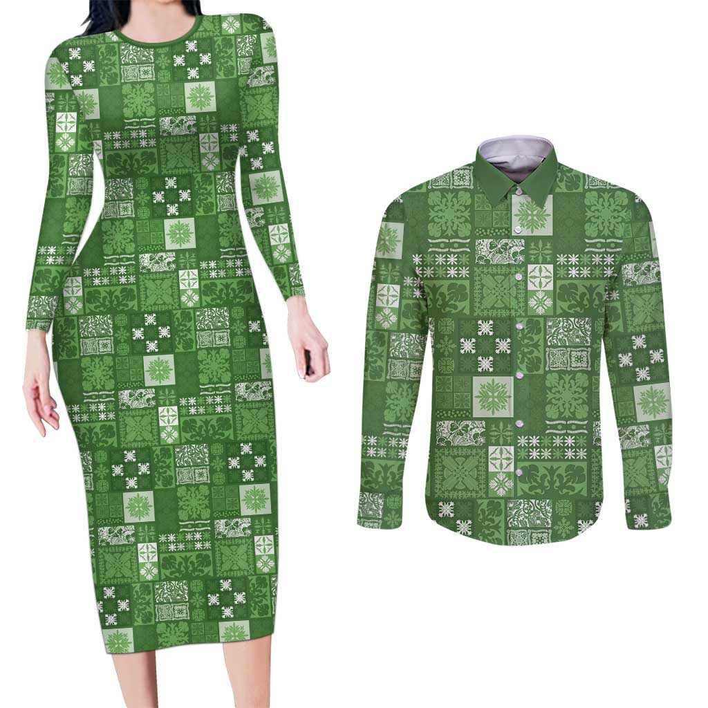 Vintage Hawaiian Quilting Patterns Couples Matching Long Sleeve Bodycon Dress and Long Sleeve Button Shirt Green Style Tribal Fabric Patchwork - Polynesian Pride