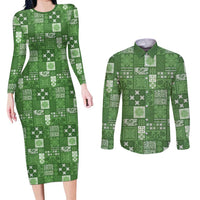 Vintage Hawaiian Quilting Patterns Couples Matching Long Sleeve Bodycon Dress and Long Sleeve Button Shirt Green Style Tribal Fabric Patchwork - Polynesian Pride