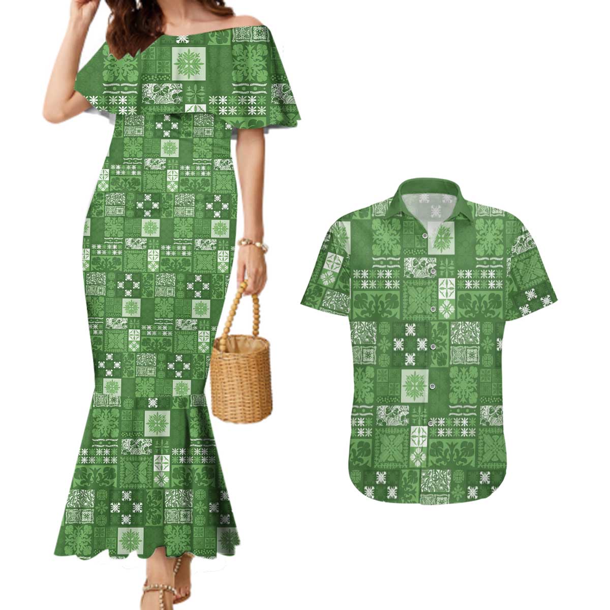 Vintage Hawaiian Quilting Patterns Couples Matching Mermaid Dress and Hawaiian Shirt Green Style Tribal Fabric Patchwork - Polynesian Pride