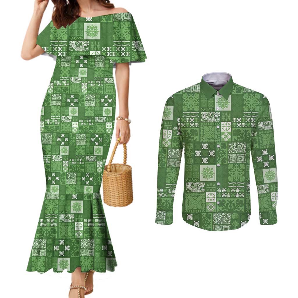 Vintage Hawaiian Quilting Patterns Couples Matching Mermaid Dress and Long Sleeve Button Shirt Green Style Tribal Fabric Patchwork - Polynesian Pride