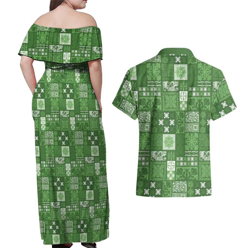 Vintage Hawaiian Quilting Patterns Couples Matching Off Shoulder Maxi Dress and Hawaiian Shirt Green Style Tribal Fabric Patchwork - Polynesian Pride