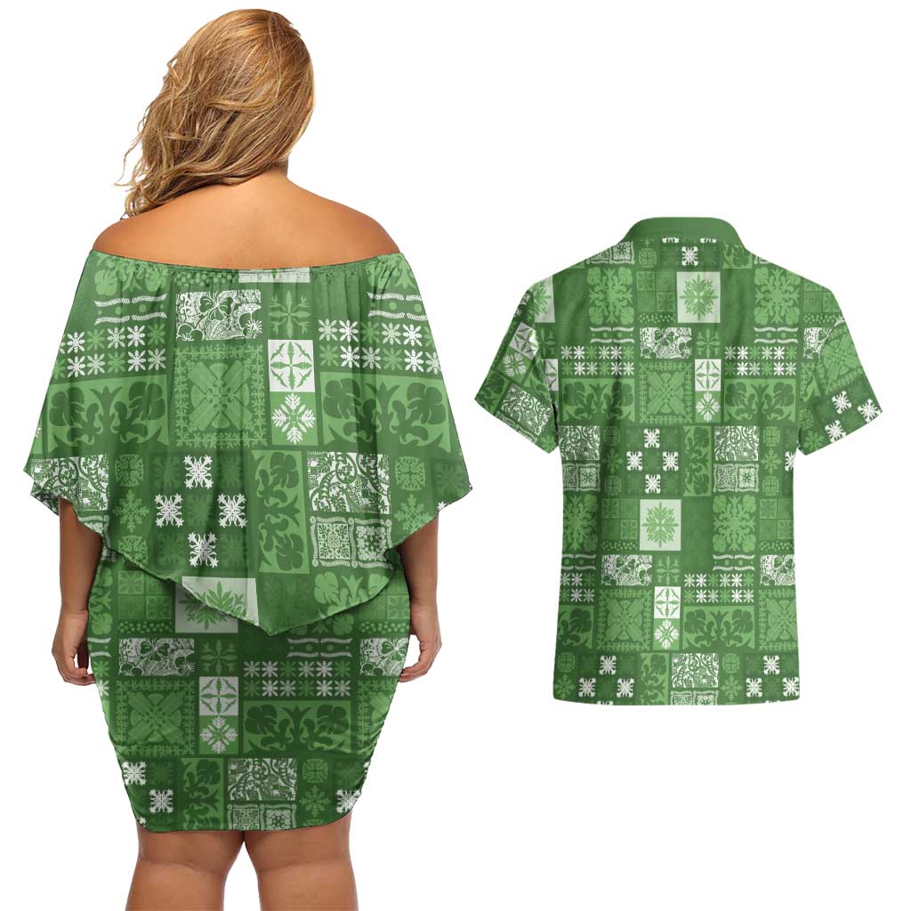 Vintage Hawaiian Quilting Patterns Couples Matching Off Shoulder Short Dress and Hawaiian Shirt Green Style Tribal Fabric Patchwork - Polynesian Pride
