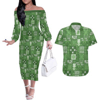 Vintage Hawaiian Quilting Patterns Couples Matching Off The Shoulder Long Sleeve Dress and Hawaiian Shirt Green Style Tribal Fabric Patchwork LT9 Green - Polynesian Pride
