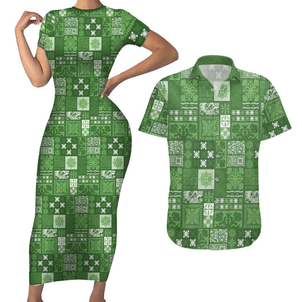 Vintage Hawaiian Quilting Patterns Couples Matching Short Sleeve Bodycon Dress and Hawaiian Shirt Green Style Tribal Fabric Patchwork LT9 Green - Polynesian Pride