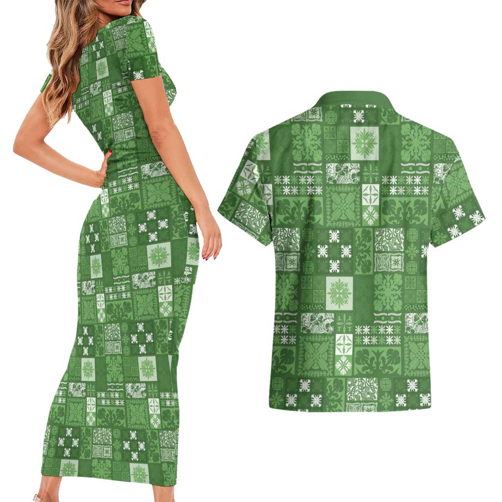 Vintage Hawaiian Quilting Patterns Couples Matching Short Sleeve Bodycon Dress and Hawaiian Shirt Green Style Tribal Fabric Patchwork LT9 - Polynesian Pride