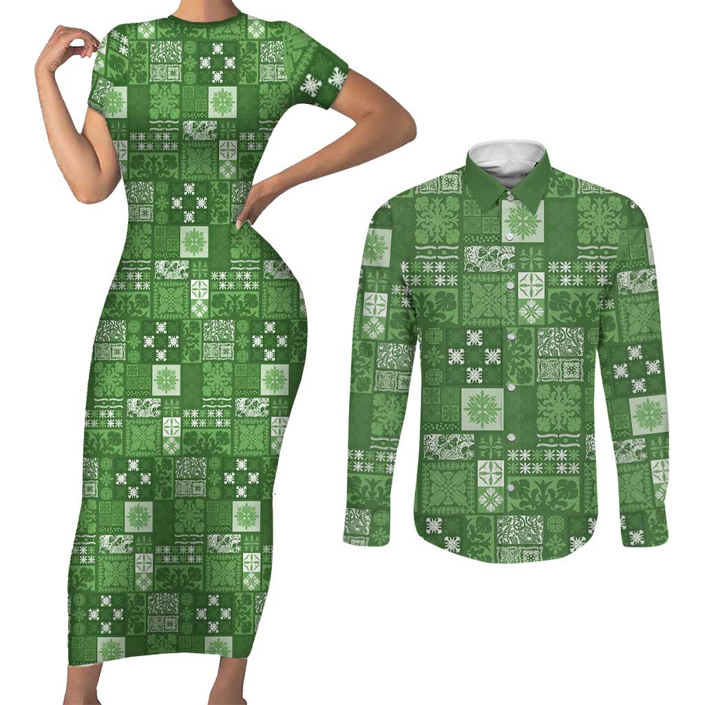 Vintage Hawaiian Quilting Patterns Couples Matching Short Sleeve Bodycon Dress and Long Sleeve Button Shirt Green Style Tribal Fabric Patchwork - Polynesian Pride