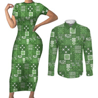 Vintage Hawaiian Quilting Patterns Couples Matching Short Sleeve Bodycon Dress and Long Sleeve Button Shirt Green Style Tribal Fabric Patchwork - Polynesian Pride