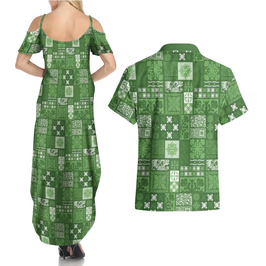 Vintage Hawaiian Quilting Patterns Couples Matching Summer Maxi Dress and Hawaiian Shirt Green Style Tribal Fabric Patchwork - Polynesian Pride