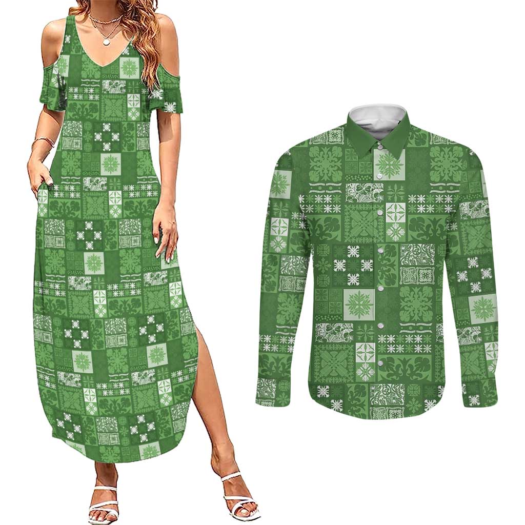 Vintage Hawaiian Quilting Patterns Couples Matching Summer Maxi Dress and Long Sleeve Button Shirt Green Style Tribal Fabric Patchwork - Polynesian Pride