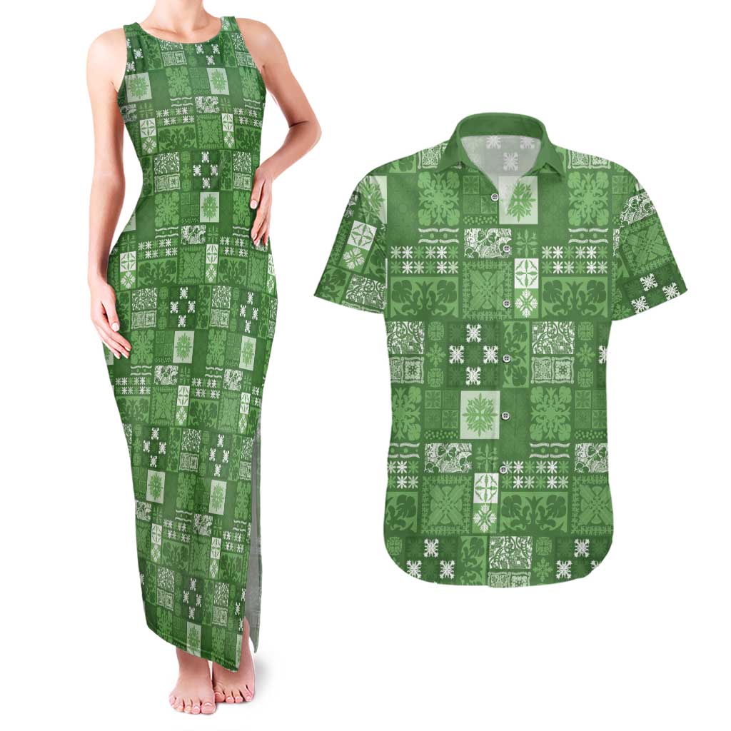 Vintage Hawaiian Quilting Patterns Couples Matching Tank Maxi Dress and Hawaiian Shirt Green Style Tribal Fabric Patchwork - Polynesian Pride