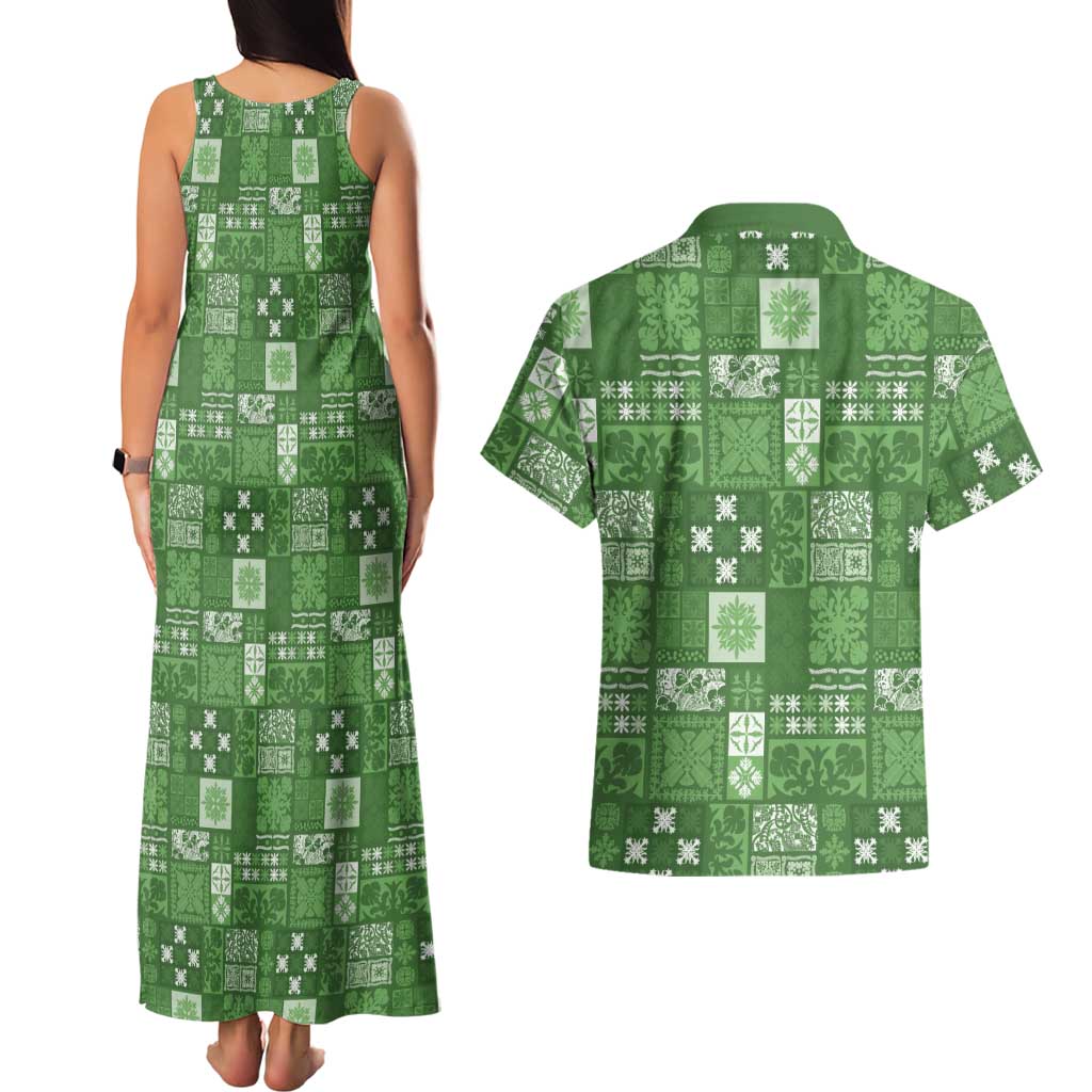 Vintage Hawaiian Quilting Patterns Couples Matching Tank Maxi Dress and Hawaiian Shirt Green Style Tribal Fabric Patchwork - Polynesian Pride