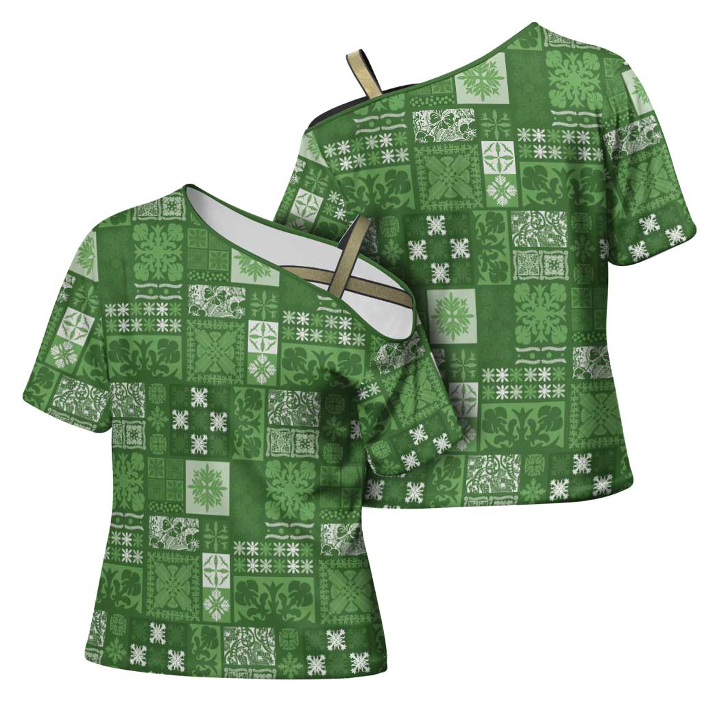 Vintage Hawaiian Quilting Patterns Cross Shoulder Shirt Green Style Tribal Fabric Patchwork - Polynesian Pride