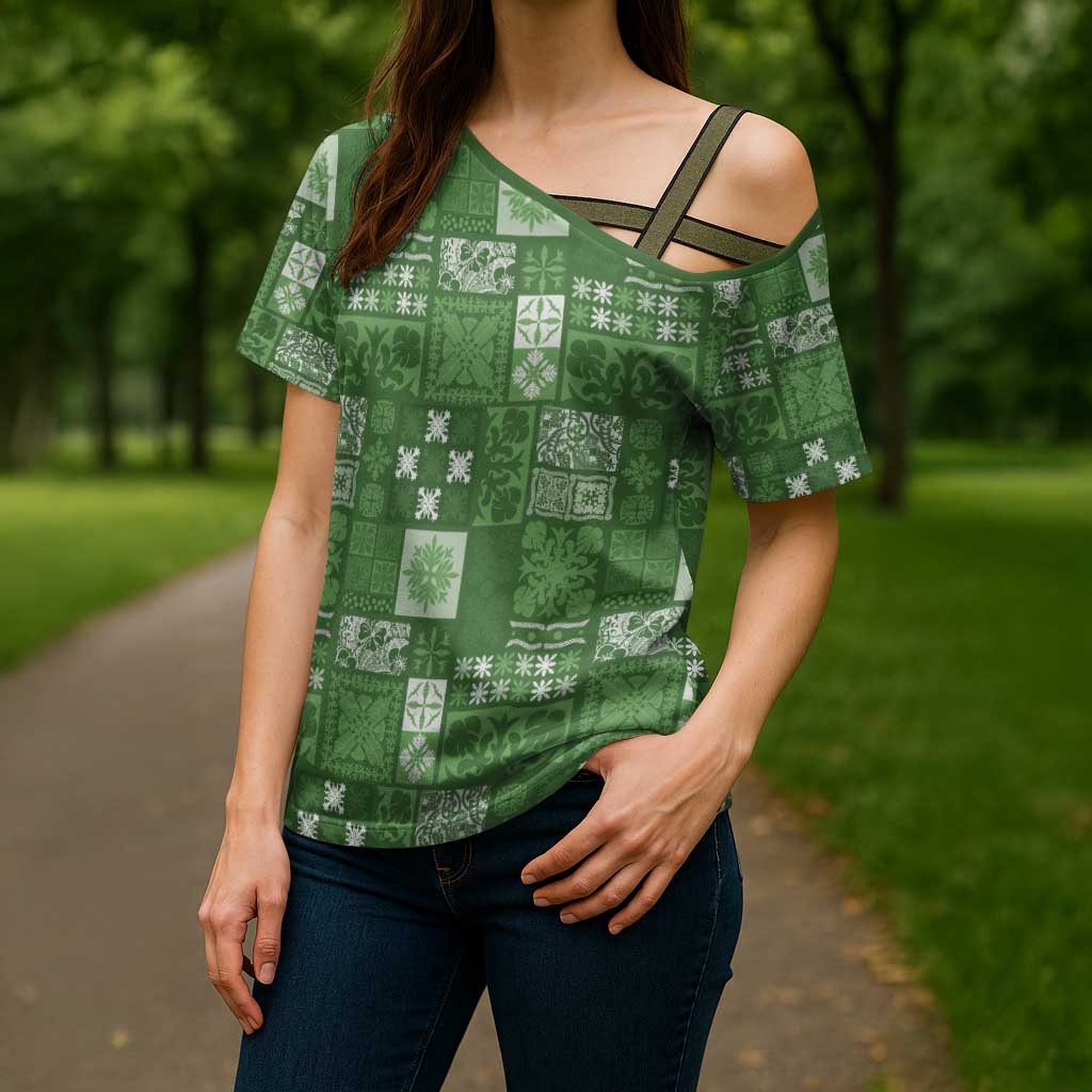 Vintage Hawaiian Quilting Patterns Cross Shoulder Shirt Green Style Tribal Fabric Patchwork - Polynesian Pride