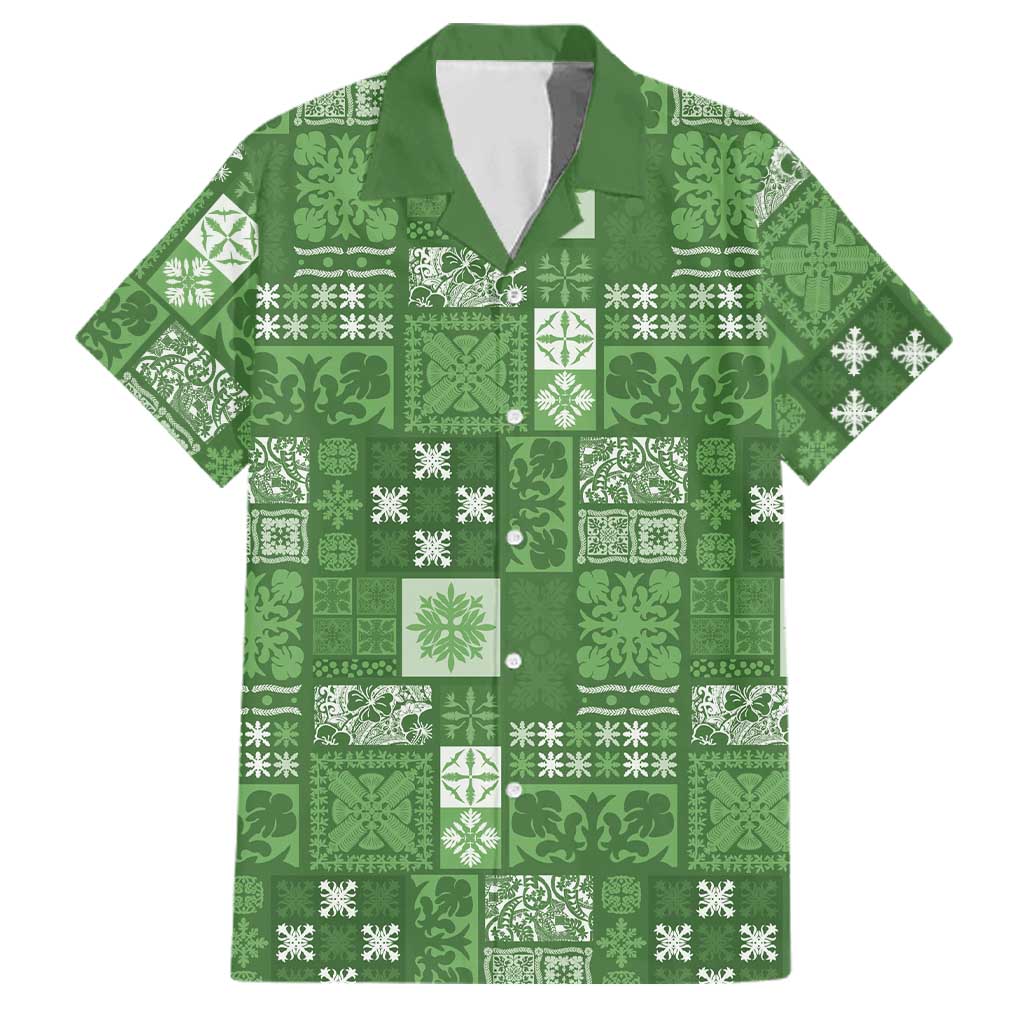 Vintage Hawaiian Quilting Patterns Family Matching Long Sleeve Bodycon Dress and Hawaiian Shirt Green Style Tribal Fabric Patchwork LT9 Dad's Shirt - Short Sleeve Green - Polynesian Pride