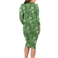 Vintage Hawaiian Quilting Patterns Family Matching Long Sleeve Bodycon Dress and Hawaiian Shirt Green Style Tribal Fabric Patchwork LT9 - Polynesian Pride