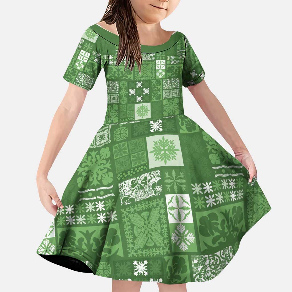 Vintage Hawaiian Quilting Patterns Family Matching Mermaid Dress and Hawaiian Shirt Green Style Tribal Fabric Patchwork LT9 Daughter's Dress Green - Polynesian Pride