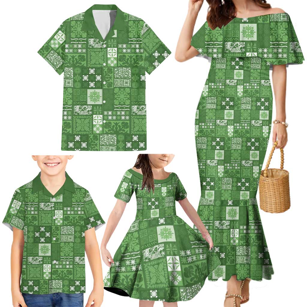 Vintage Hawaiian Quilting Patterns Family Matching Mermaid Dress and Hawaiian Shirt Green Style Tribal Fabric Patchwork LT9 - Polynesian Pride