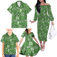 Vintage Hawaiian Quilting Patterns Family Matching Off The Shoulder Long Sleeve Dress and Hawaiian Shirt Green Style Tribal Fabric Patchwork LT9 - Polynesian Pride
