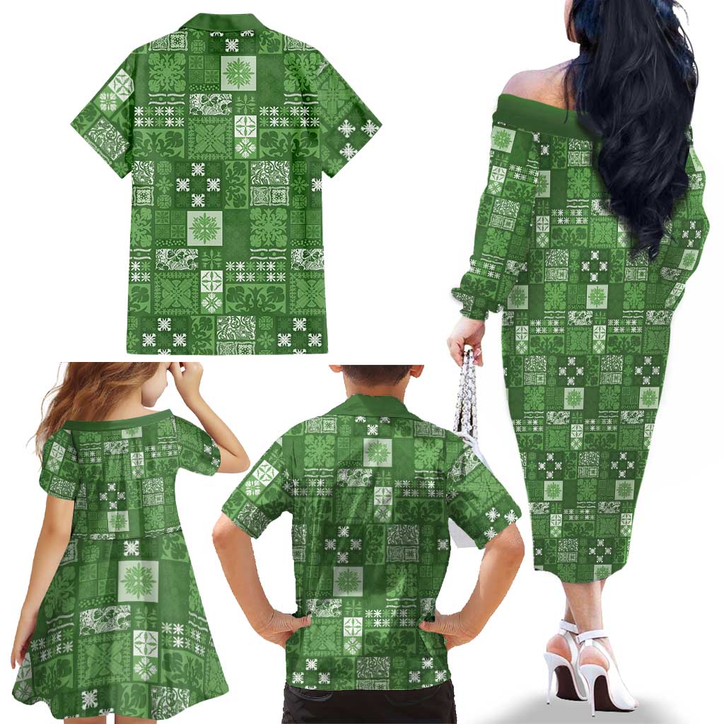 Vintage Hawaiian Quilting Patterns Family Matching Off The Shoulder Long Sleeve Dress and Hawaiian Shirt Green Style Tribal Fabric Patchwork LT9 - Polynesian Pride