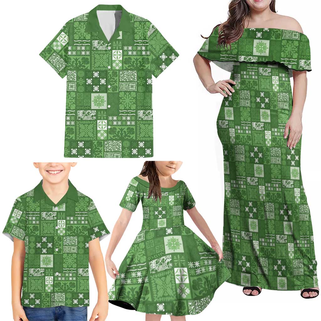 Vintage Hawaiian Quilting Patterns Family Matching Off Shoulder Maxi Dress and Hawaiian Shirt Green Style Tribal Fabric Patchwork - Polynesian Pride
