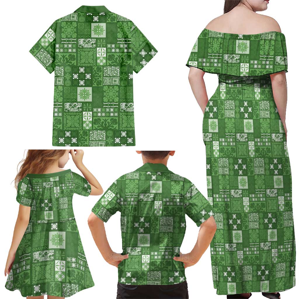 Vintage Hawaiian Quilting Patterns Family Matching Off Shoulder Maxi Dress and Hawaiian Shirt Green Style Tribal Fabric Patchwork LT9 - Polynesian Pride