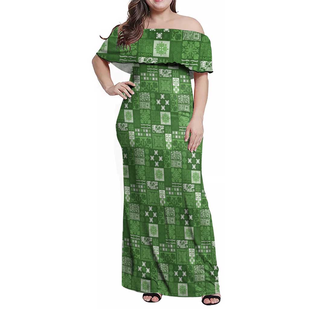 Vintage Hawaiian Quilting Patterns Family Matching Off Shoulder Maxi Dress and Hawaiian Shirt Green Style Tribal Fabric Patchwork LT9 Mom's Dress Green - Polynesian Pride