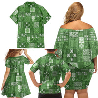 Vintage Hawaiian Quilting Patterns Family Matching Off Shoulder Short Dress and Hawaiian Shirt Green Style Tribal Fabric Patchwork LT9 - Polynesian Pride