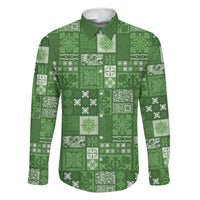 Vintage Hawaiian Quilting Patterns Family Matching Off Shoulder Short Dress and Hawaiian Shirt Green Style Tribal Fabric Patchwork LT9 Dad's Shirt - Long Sleeve Green - Polynesian Pride