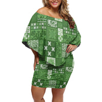 Vintage Hawaiian Quilting Patterns Family Matching Off Shoulder Short Dress and Hawaiian Shirt Green Style Tribal Fabric Patchwork LT9 Mom's Dress Green - Polynesian Pride