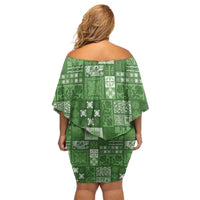 Vintage Hawaiian Quilting Patterns Family Matching Off Shoulder Short Dress and Hawaiian Shirt Green Style Tribal Fabric Patchwork LT9 - Polynesian Pride