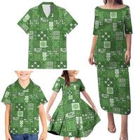 Vintage Hawaiian Quilting Patterns Family Matching Puletasi and Hawaiian Shirt Green Style Tribal Fabric Patchwork LT9 - Polynesian Pride