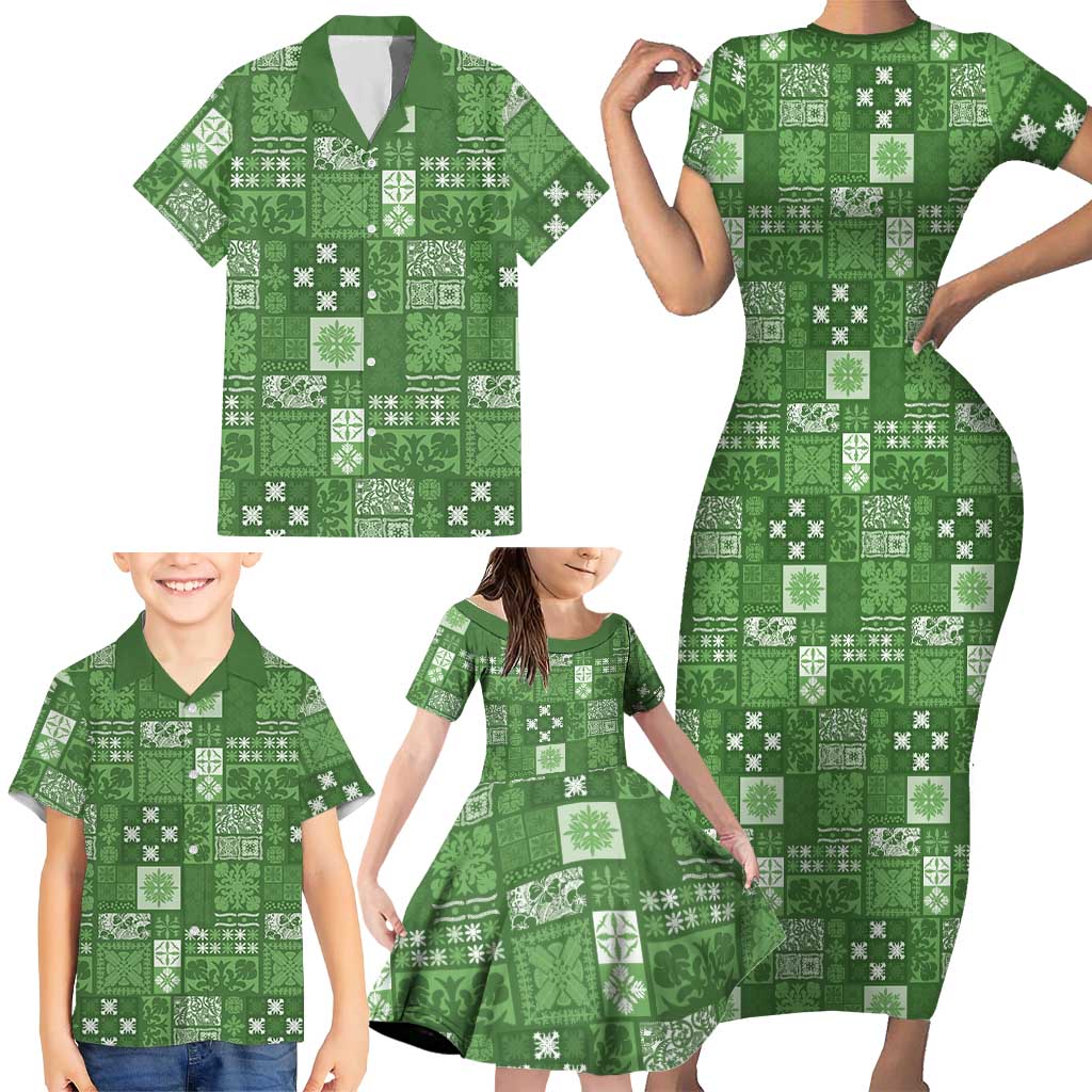 Vintage Hawaiian Quilting Patterns Family Matching Short Sleeve Bodycon Dress and Hawaiian Shirt Green Style Tribal Fabric Patchwork - Polynesian Pride