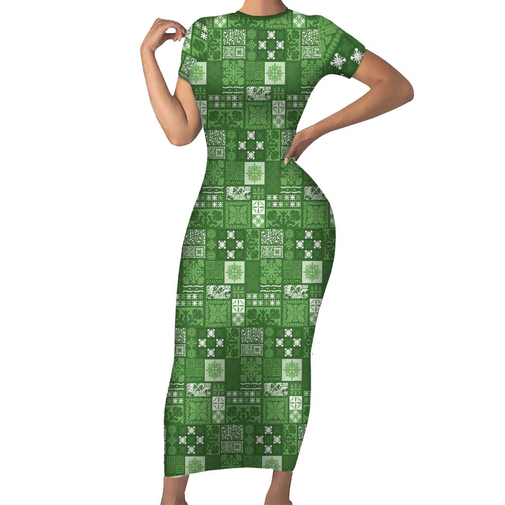 Vintage Hawaiian Quilting Patterns Family Matching Short Sleeve Bodycon Dress and Hawaiian Shirt Green Style Tribal Fabric Patchwork LT9 Mom's Dress Green - Polynesian Pride