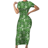 Vintage Hawaiian Quilting Patterns Family Matching Short Sleeve Bodycon Dress and Hawaiian Shirt Green Style Tribal Fabric Patchwork LT9 Mom's Dress Green - Polynesian Pride