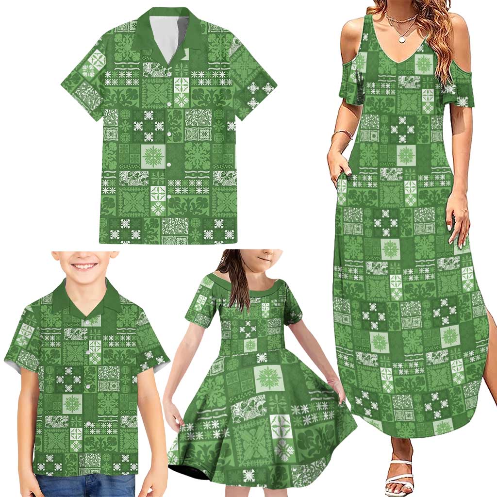 Vintage Hawaiian Quilting Patterns Family Matching Summer Maxi Dress and Hawaiian Shirt Green Style Tribal Fabric Patchwork LT9 - Polynesian Pride