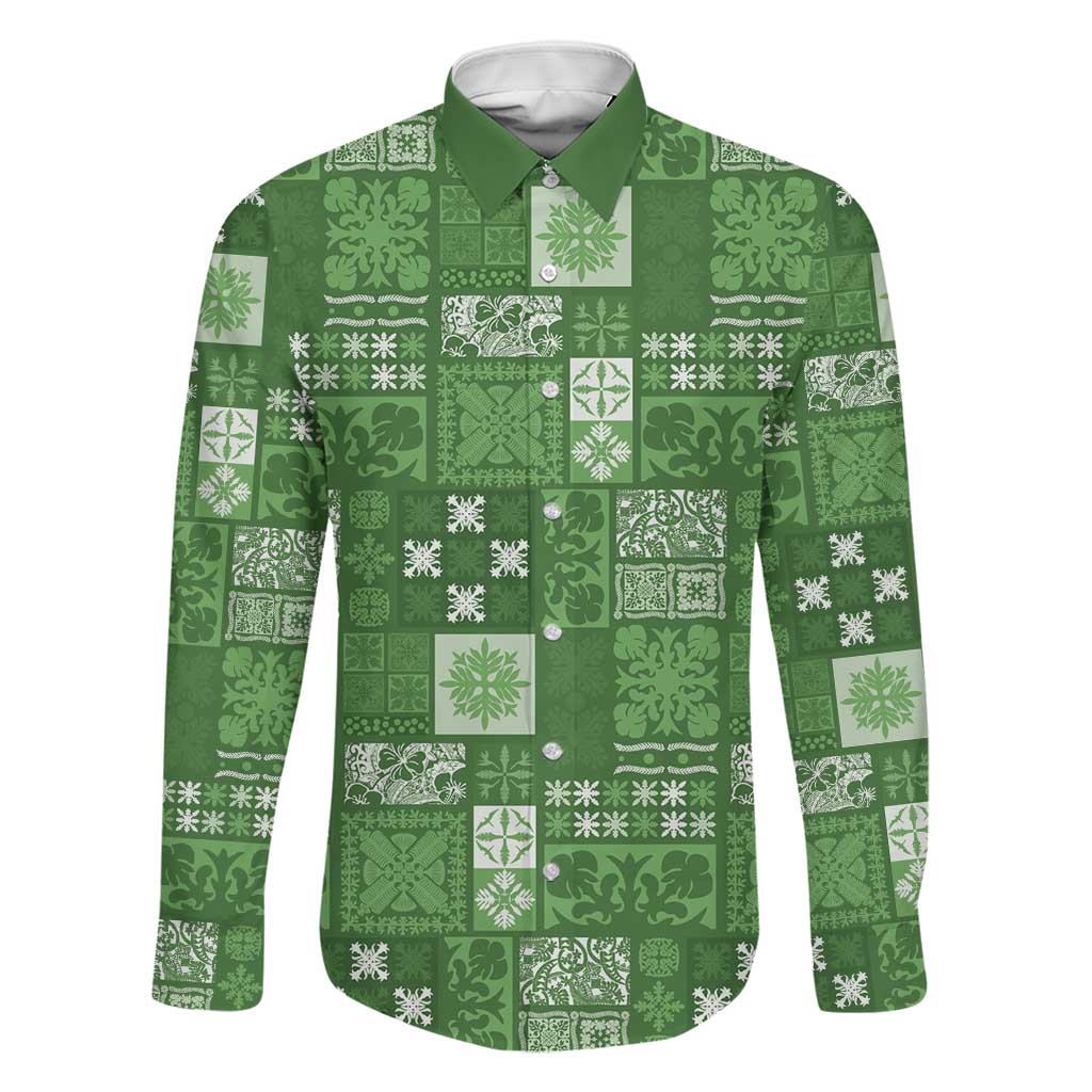 Vintage Hawaiian Quilting Patterns Family Matching Summer Maxi Dress and Hawaiian Shirt Green Style Tribal Fabric Patchwork LT9 Dad's Shirt - Long Sleeve Green - Polynesian Pride
