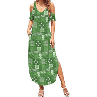 Vintage Hawaiian Quilting Patterns Family Matching Summer Maxi Dress and Hawaiian Shirt Green Style Tribal Fabric Patchwork LT9 Mom's Dress Green - Polynesian Pride