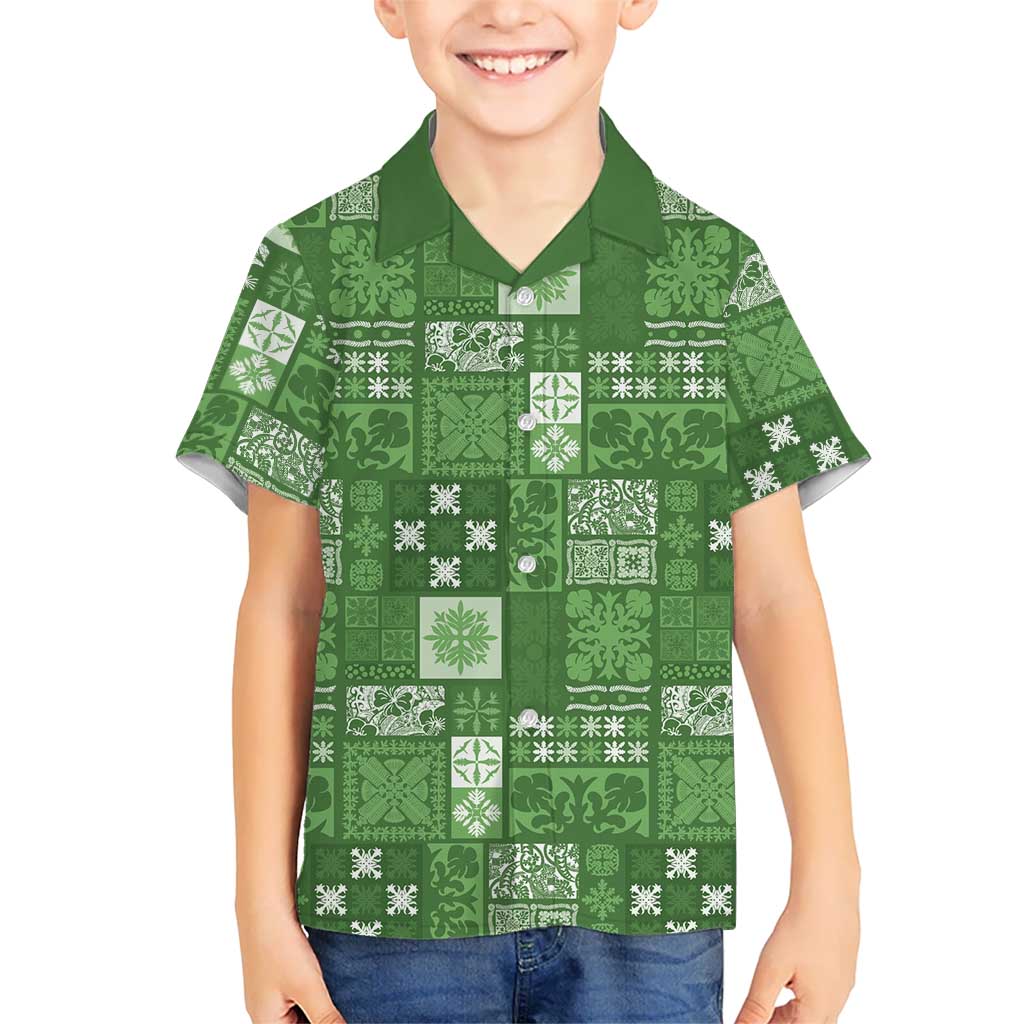Vintage Hawaiian Quilting Patterns Family Matching Summer Maxi Dress and Hawaiian Shirt Green Style Tribal Fabric Patchwork LT9 Son's Shirt Green - Polynesian Pride